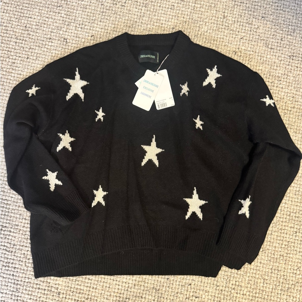 Zadig & Voltaire Black Cashmere Markus Star Pattern Sweater SIZE SMALL NWT